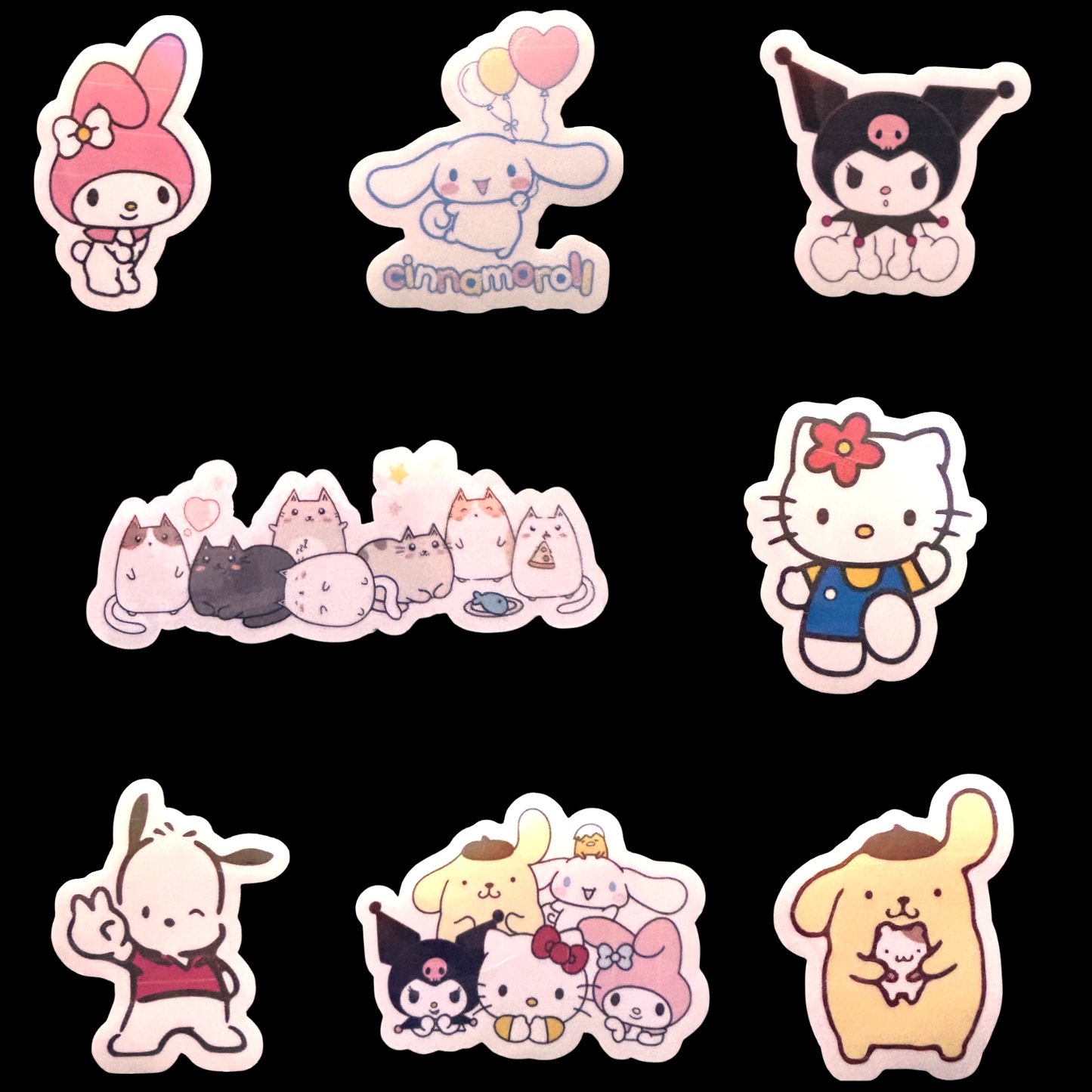 Kawaii Characters Stickers. Kawaii Kitty, commonomRoll, Juroni, Melody, Pochacco, Pompompurin stickets