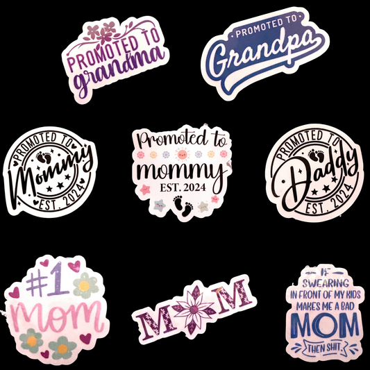 Promoted to Mom, Promoted to Mommy, Promoted to Dad, Promoted to Grandma, Promoted to Grandpa, Best Mom Stickers