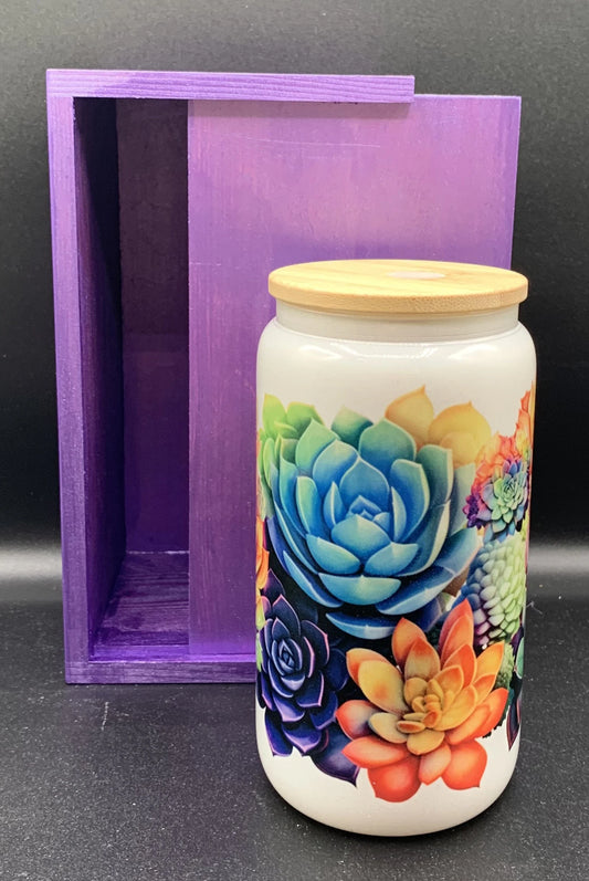 Succulent Shimmer 16 oz Libby Glass Can with Wood Moxie Box