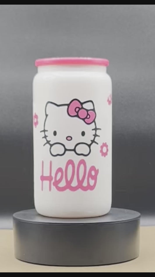 Color Changing Kawaii Kitty White Glass Iced Coffee Glass Tumbler